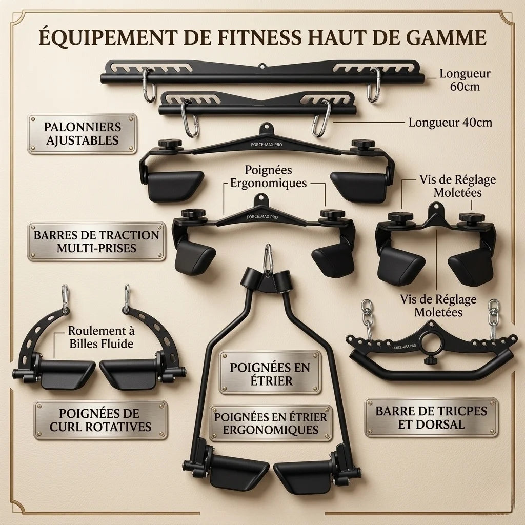 High-end fitness equipment with labeled parts on a beige background
