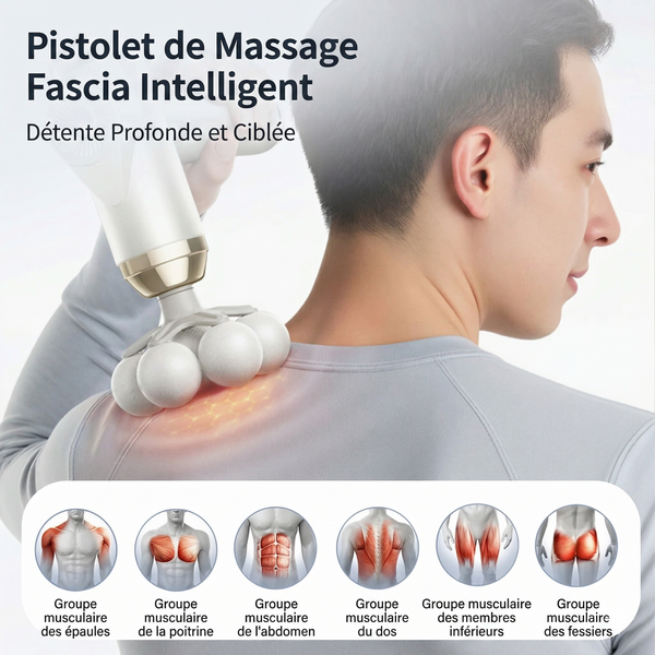 Person receiving intelligent fascia massage with device on neck, text in French about deep and targeted massage.