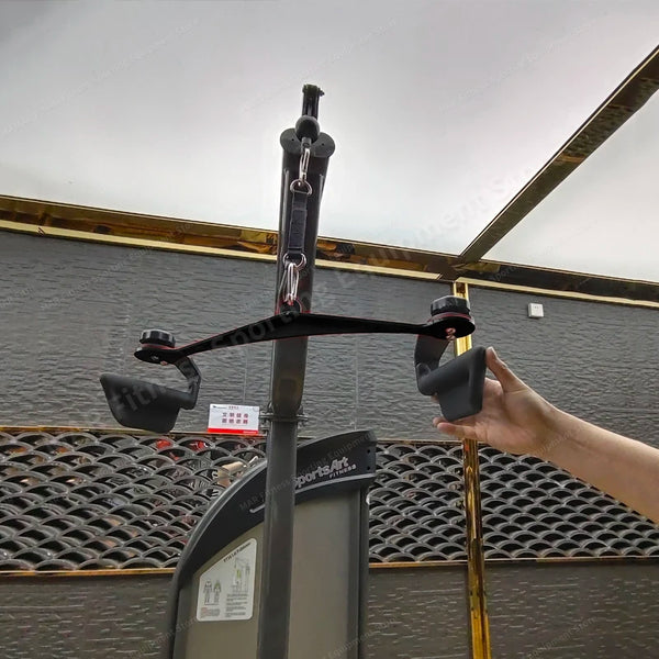 Person holding a golf club with a sportsArt logo against a metallic background