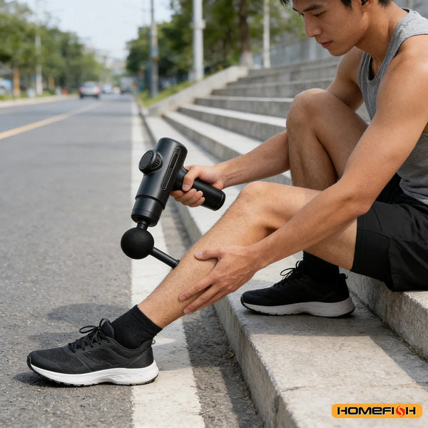 Person using a massage gun on their leg outdoors