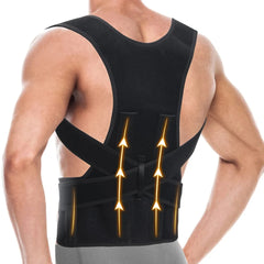 Black posture corrector with yellow accents on a person against a white background