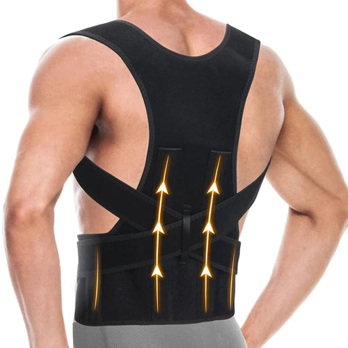 Black posture corrector with yellow accents on a person against a white background