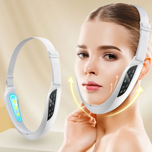 Woman wearing a facial lifting device with a beige background
