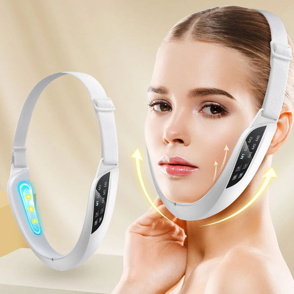 Woman wearing a facial lifting device with a beige background