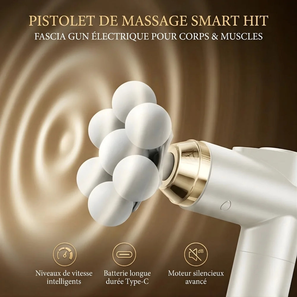 Massage gun with white nozzles on a brown background