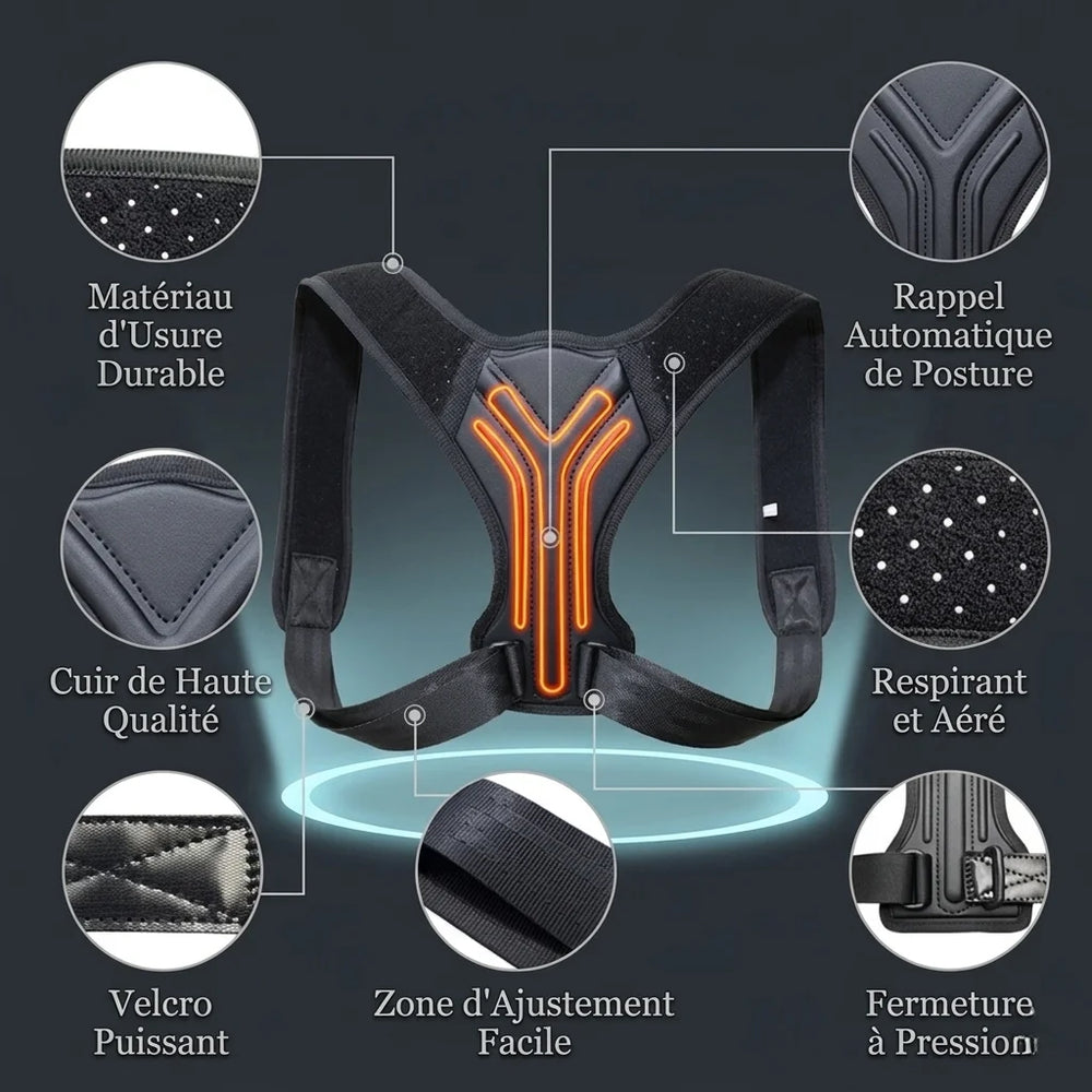 Woman wearing a posture corrector with product details on a gray background