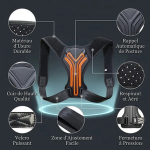 Back support brace with features highlighted on a dark background