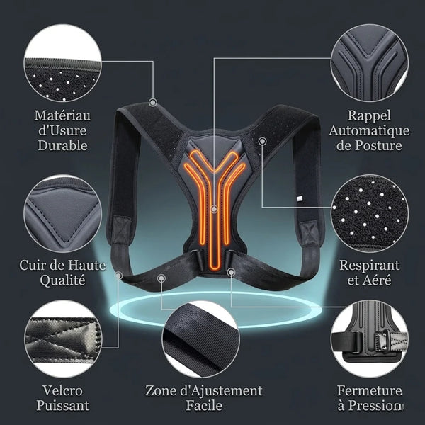 Back support brace with features highlighted on a dark background