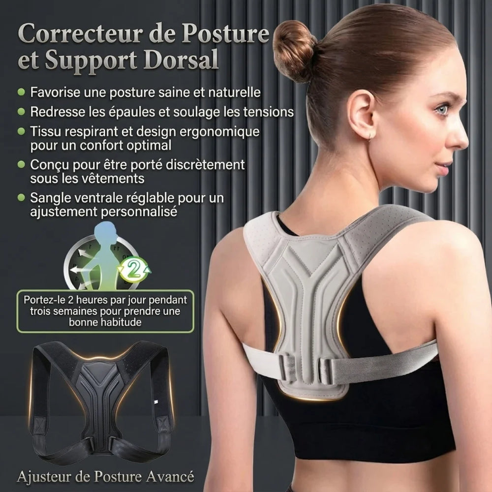 Woman wearing a posture corrector with product details on a gray background