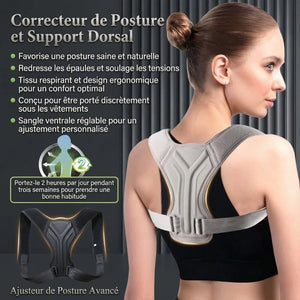 Woman wearing a posture corrector with product details on a gray background