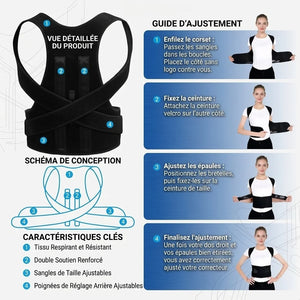 Black posture corrector with assembly instructions and features on a white background