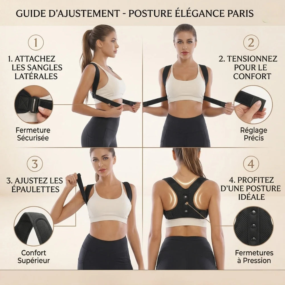 Back posture corrector with a woman wearing it and text highlighting features on a beige background