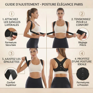 Instructions for adjusting a posture correction device with a woman modeling it.