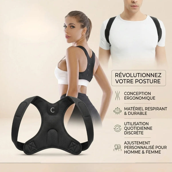 Back posture corrector with a woman wearing it and text highlighting features on a beige background