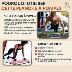 Advertisement for a push-up board with text and images of people using it.