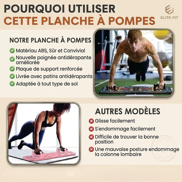 Advertisement for a push-up board with text and images of people using it.