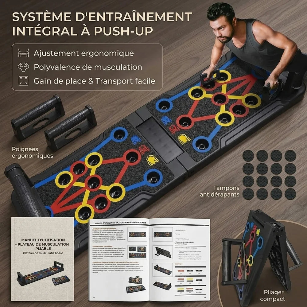 Push-up training system with adjustable ergonomic design, versatility of muscle training, space-saving, and easy transport features.