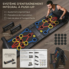 Push-up training system with adjustable ergonomic design, versatility of muscle training, space-saving, and easy transport features.