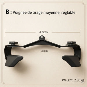 Black adjustable handle with measurements and weight on a beige background