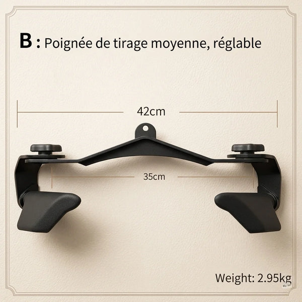 Black adjustable handle with measurements and weight on a beige background