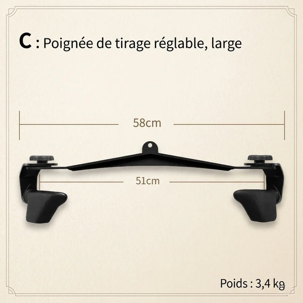 Adjustable handle with dimensions and weight information on a beige background