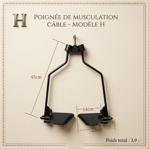 Black cable gym handle with measurements on a beige background