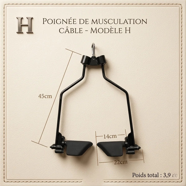 Black cable gym handle with measurements on a beige background