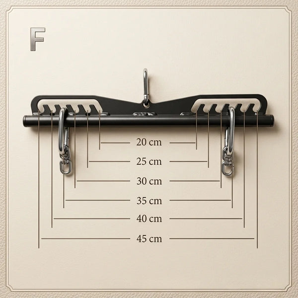 Black metal hanger with measurement markings on a beige background