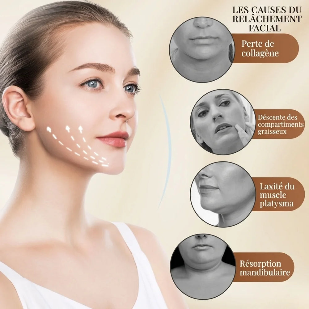 Woman wearing a facial lifting device with a beige background