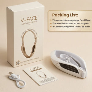 V-Face beauty instrument packaging with accessories on a beige background