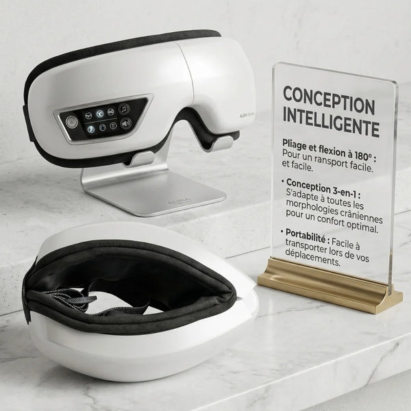 White and black helmet with a stand on a marble surface, accompanied by a sign in French.