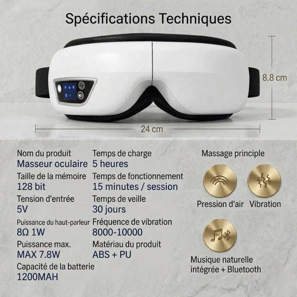 Technical specifications of an eye massager with product dimensions and features on a gray background.