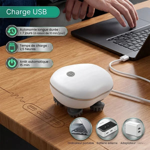 White USB device on a wooden desk with laptop and charging cable, featuring text about battery life and charging time.