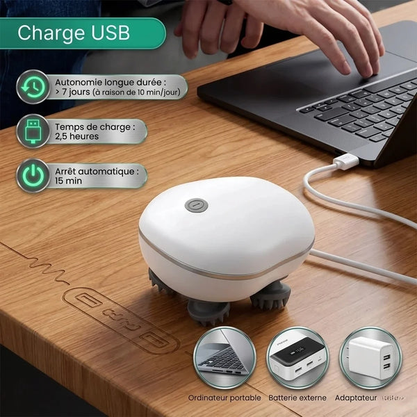 White USB device on a wooden desk with laptop and charging cable, featuring text about battery life and charging time.