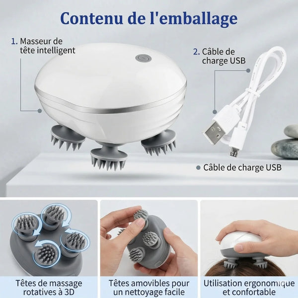 Hair massager with interchangeable heads and USB charging cable on a white background