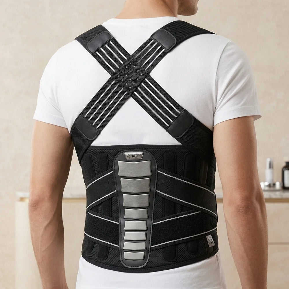 Person wearing a black posture corrector in a neutral setting