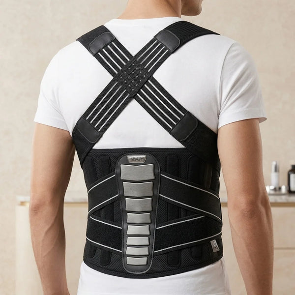 Person wearing a black posture corrector in a neutral setting