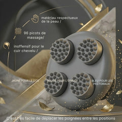 Gray massage device with gold accents on a decorative background