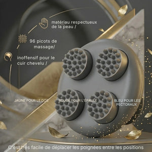 Gray massage device with gold accents on a decorative background