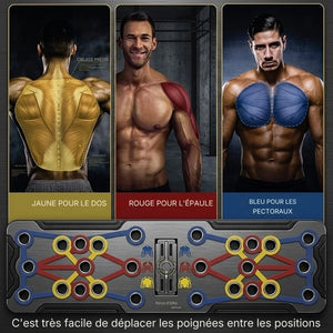 Muscle map with colored markers for back, shoulder, and chest muscles, along with a device for muscle training.