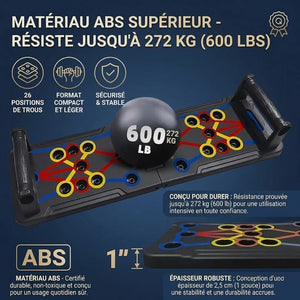Fitness equipment with a weight ball labeled '600 LB' on a dark blue background with text in French.