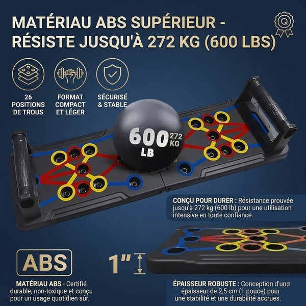 Fitness equipment with a weight ball labeled '600 LB' on a dark blue background with text in French.