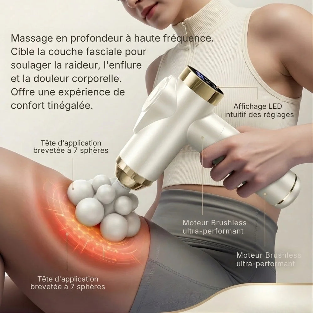 Massage gun with white nozzles on a brown background