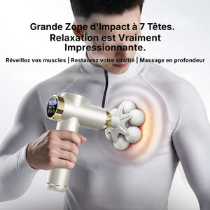 Person using a handheld massage device on their chest with text about muscle awakening and vitality restoration.
