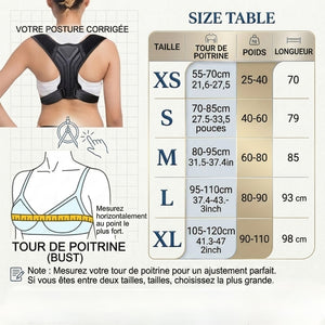 Size chart for a posture corrector with measurements and fitting instructions.