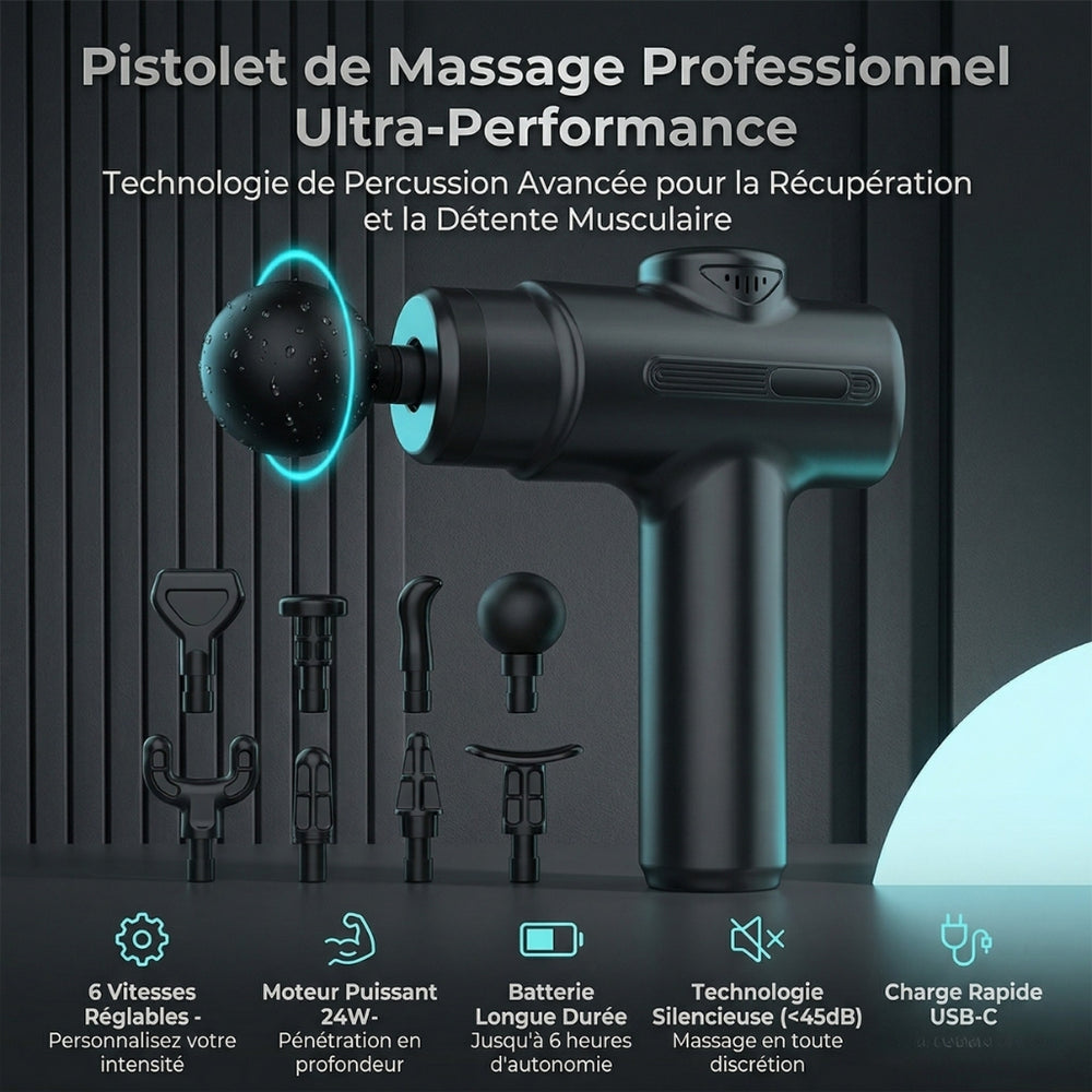 Professional massage gun with attachments on a dark background