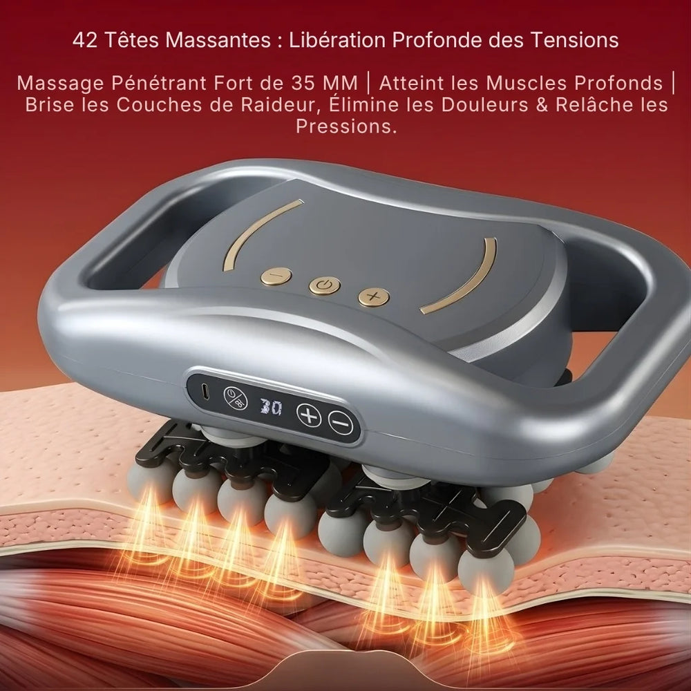 Professional massage gun with 42 nozzles on a dark background