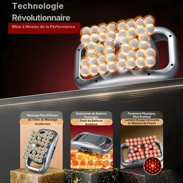 Massage device with text highlighting revolutionary technology and performance improvements on a dark background.