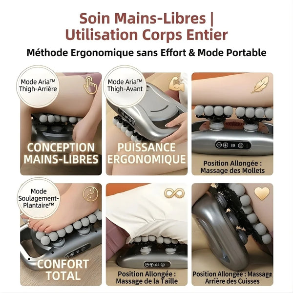 Collage of a handheld massage device with various modes and features on a white background.