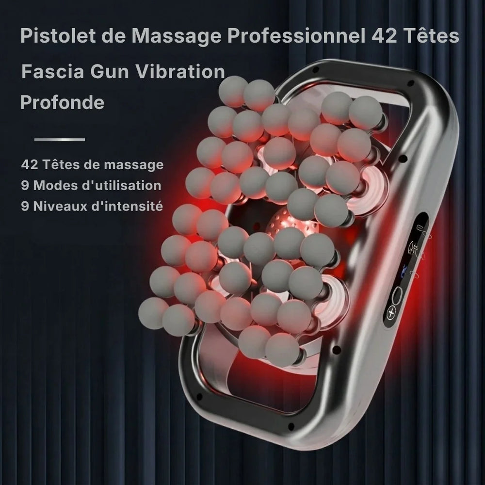 Professional massage gun with 42 nozzles on a dark background